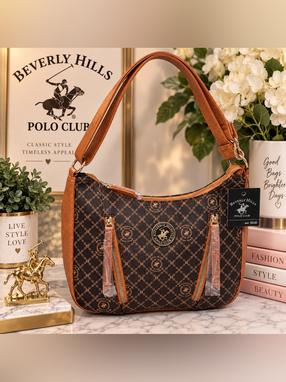 🤎 Beverly Hills Polo Club Hobo Shoulder Bag Purse — Monogram Brown/Tan NWT
